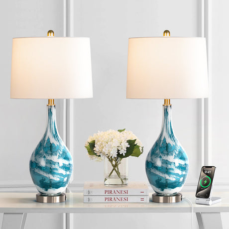 Blue Glass Dimmable USB Table Lamps — pair styled on a console