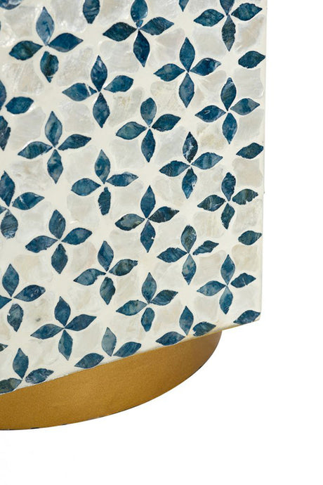 Hexagonal Accent Table with Blue Capiz Design and Gold Base