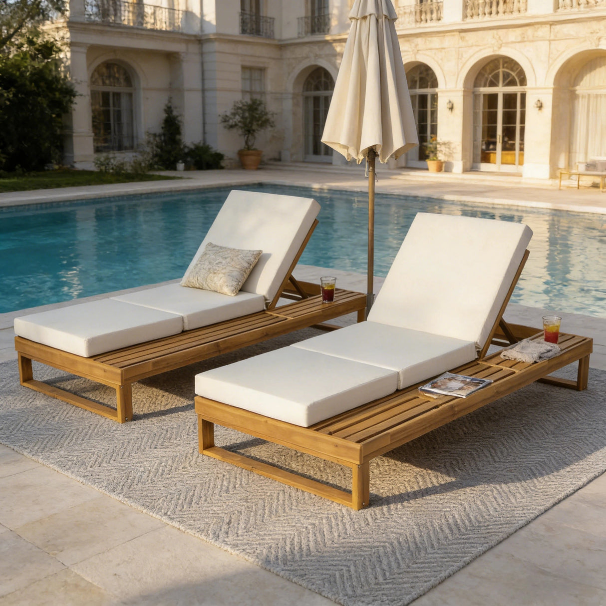 Teak Wood Chaise Lounge with 4-Inch Cushion - OROA