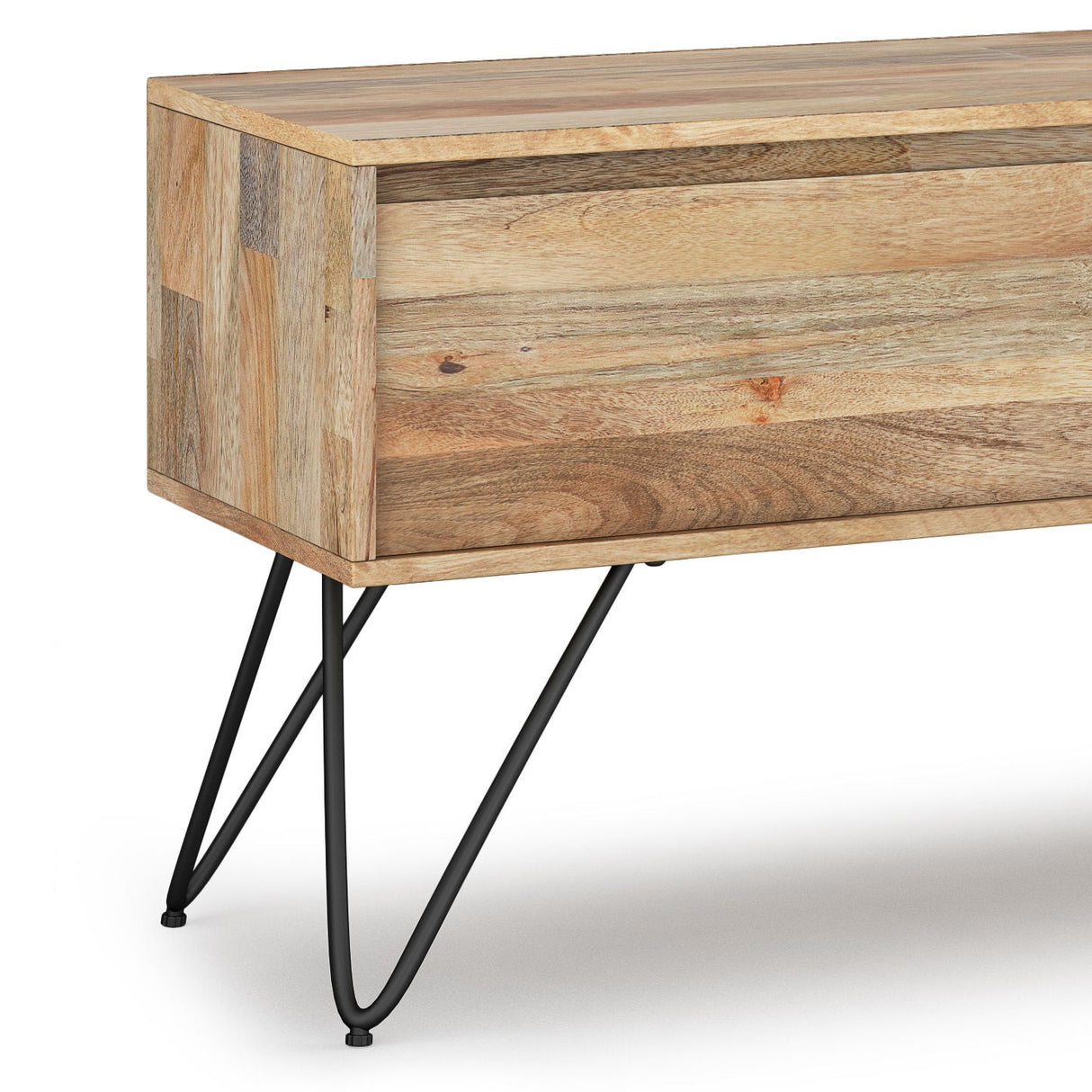 Wooden console table with black metal legs on a white background