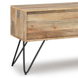 Wooden console table with black metal legs on a white background