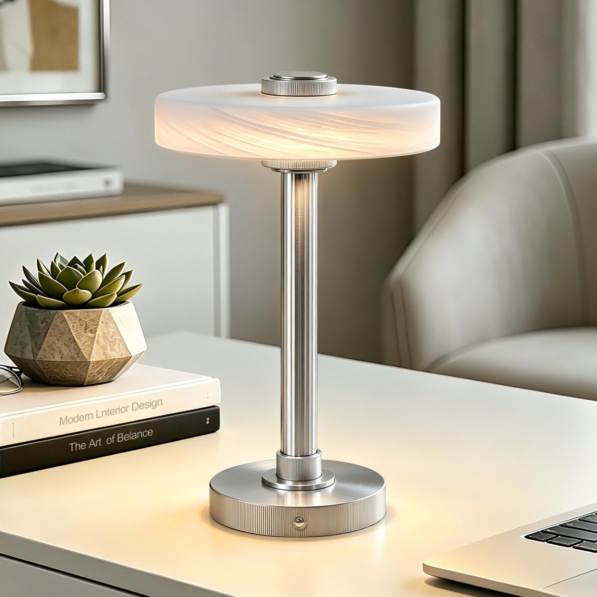 Nickel Rechargeable LED Table Lamp with Glass Shade — on a side table