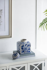 Hand Painted Square Canister - Blue/White Floral Pattern - OROA
