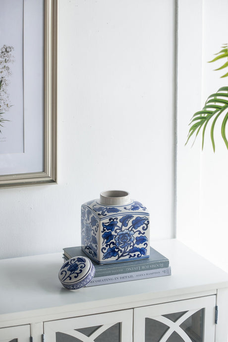Hand Painted Square Canister - Blue/White Floral Pattern - OROA