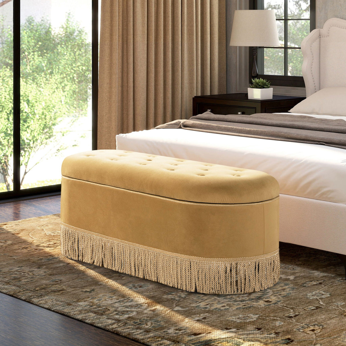 Melindaa - Oval Tufted Bullion Fringe Storage Bench