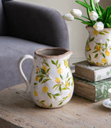 White Ceramic Pitcher Vase with Lemon Motif - OROA