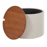 Cream Fabric Storage Tray Table with Walnut-Finish Lid — with lid removed showing storage