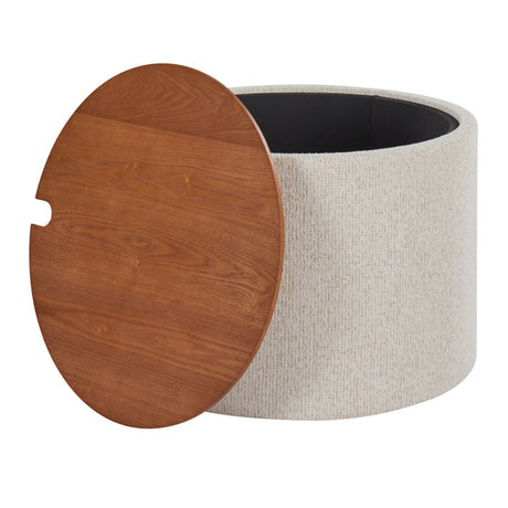 Cream Fabric Storage Tray Table with Walnut-Finish Lid — with lid removed showing storage