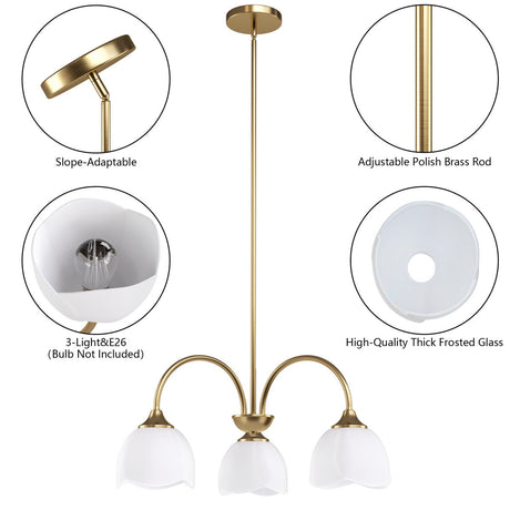 Three-Light Frosted Flower Glass Chandelier — shade and mounting details