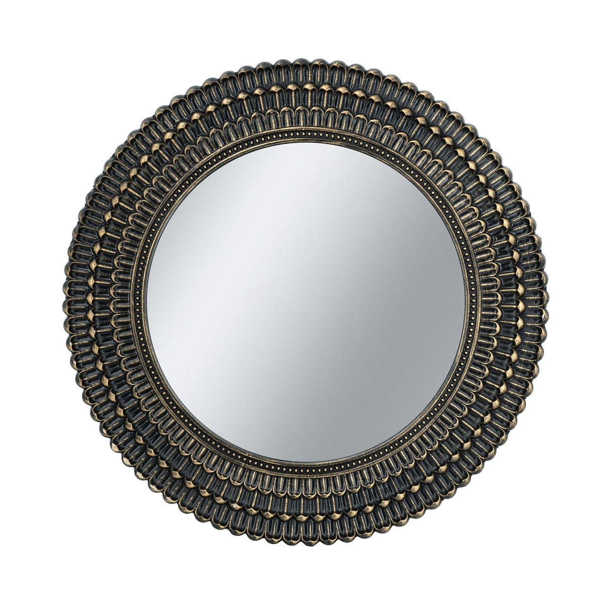 Round Black and Gold Wooden Accent Mirror with Woven Texture