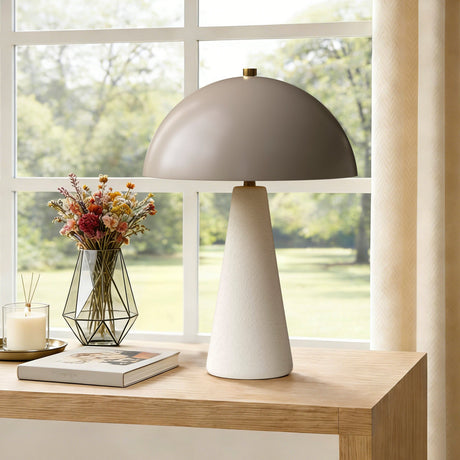 Off-White Ceramic Mushroom Table Lamp — beside a window