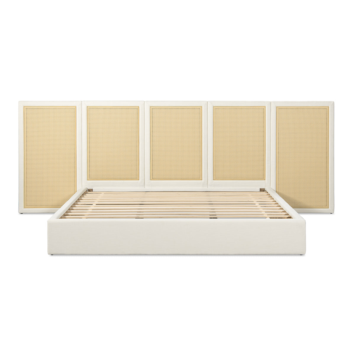 Capri Extended Headboard Cane Platform Bed, Antique White Polyester - OROA Online Furniture