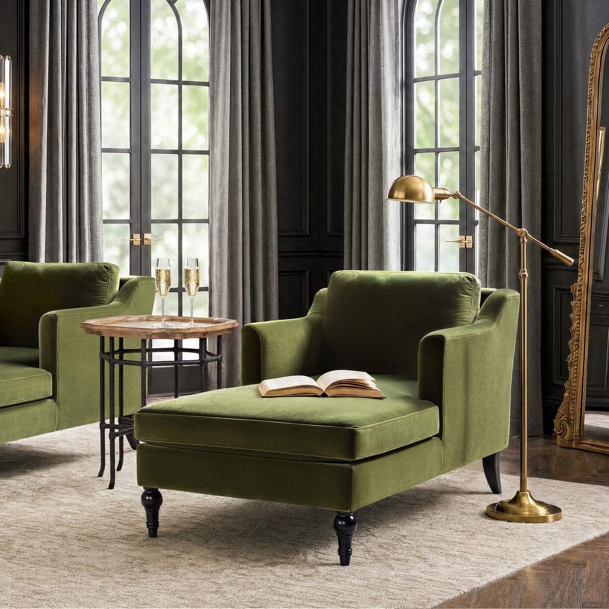 Josephine Upholstered Chaise Lounge, Olive Green Performance Velvet - OROA Modern Furniture