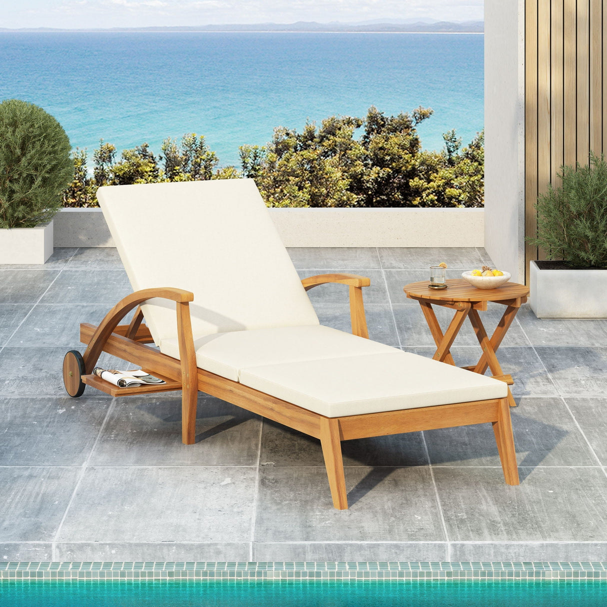 Outdoor Chaise Lounge on Wheels, Acacia Wood - OROA
