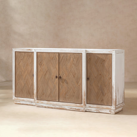 Amelie Patchwork 4-Door Sideboard, Antique White and Medium Brown Reclaimed Pine - OROA Online Furniture