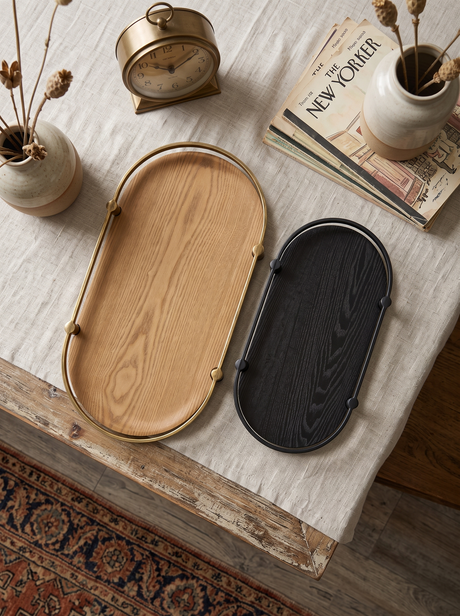 Oval Ash Veneer and Metal Trays — pair viewed from above