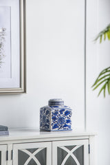 Hand Painted Square Canister - Blue/White Floral Pattern - OROA