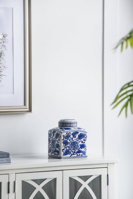 Hand Painted Square Canister - Blue/White Floral Pattern - OROA
