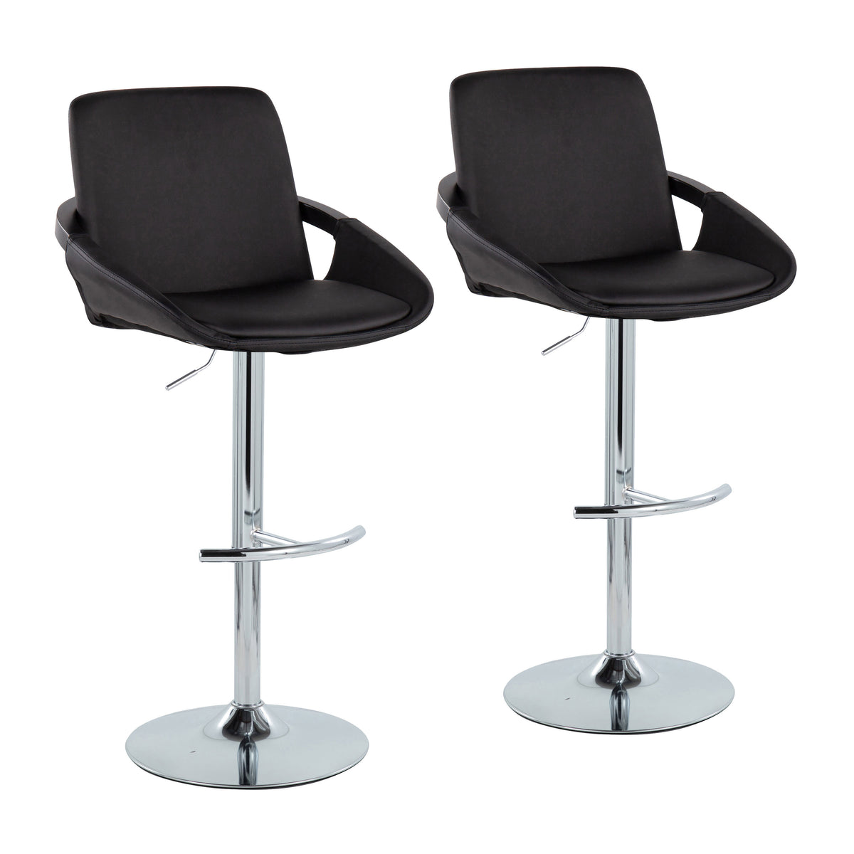Black Faux Leather Adjustable Swivel Barstools — pair on a white background