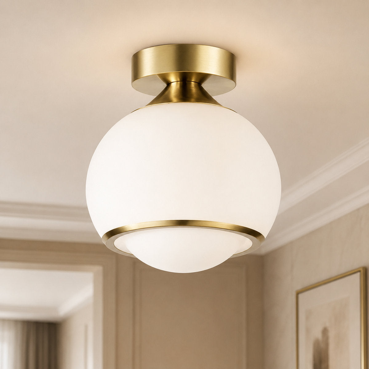 Gold Opal Glass Dimmable LED Ceiling Lamp — lit globe close-up