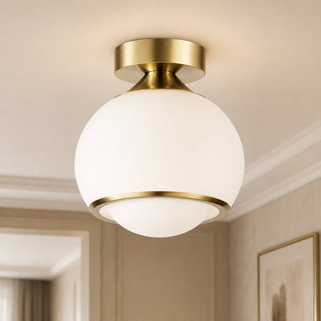 Gold Opal Glass Dimmable LED Ceiling Lamp — lit globe close-up
