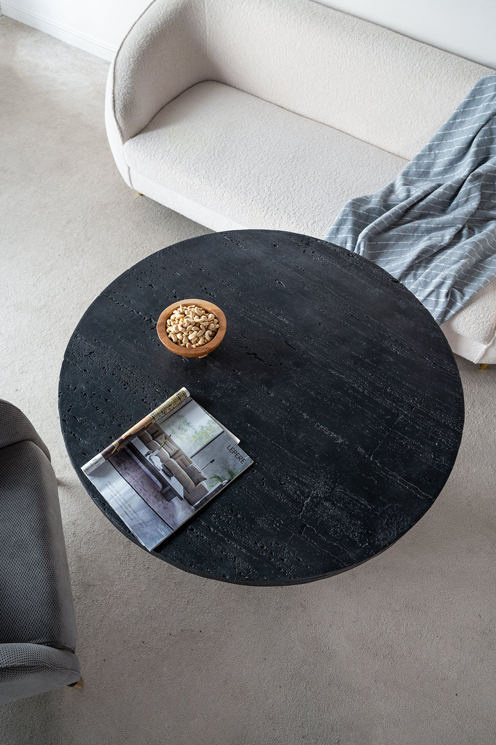 Textured Black Round Pedestal Dining Table – OROA, view 5