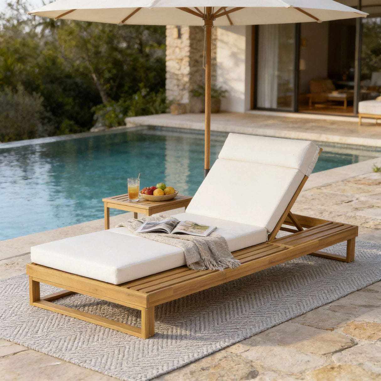 Teak Wood Chaise Lounge with 4-Inch Cushion - OROA