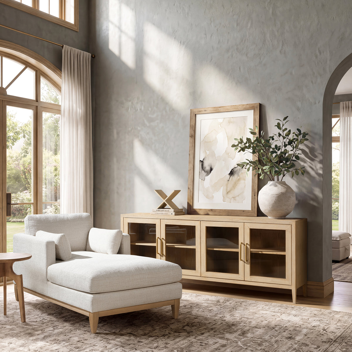 Marlowe Glass Door Sideboard with Brass Handles, Brushed White Reclaimed Pine - OROA Online Furniture