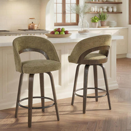 Sage Green Fabric Swivel Counter Stools — pair at a kitchen island