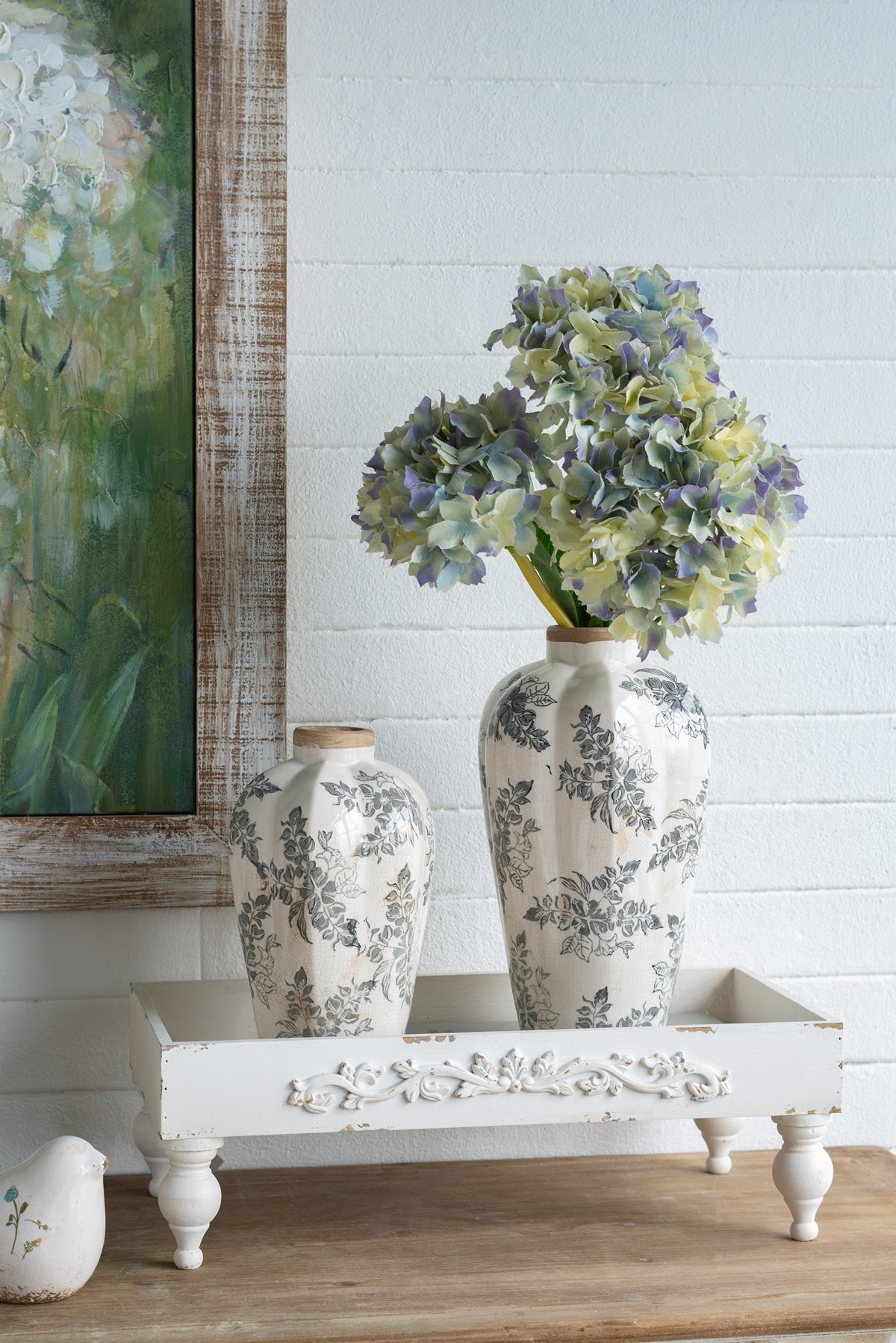 White Ceramic Accent Vase with Gray Floral Design - OROA