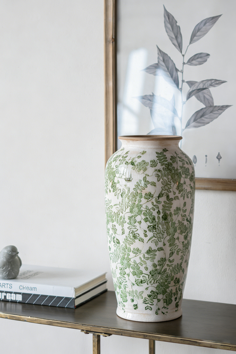 White Ceramic Flower Vase with Green Floral Pattern - OROA