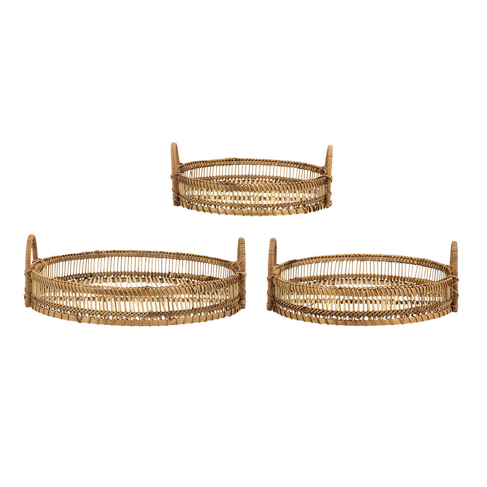 Round Decorative Brown Bamboo Woven Trays with Handles (S/3)