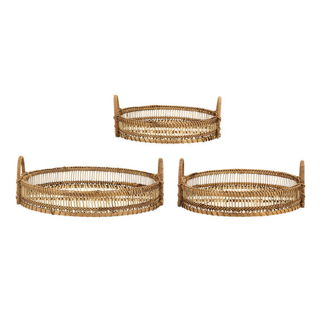Round Decorative Brown Bamboo Woven Trays with Handles (S/3)