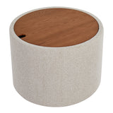 Cream Fabric Storage Tray Table with Walnut-Finish Lid — top three-quarter view