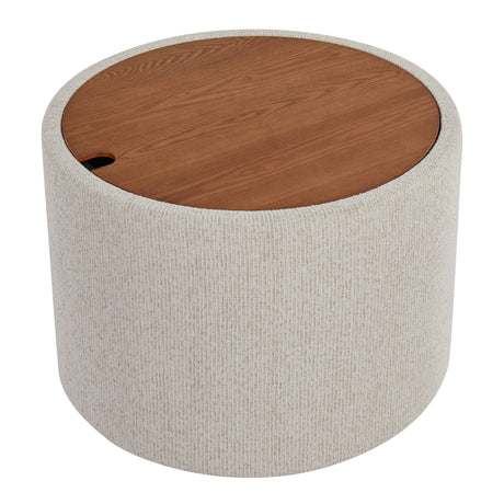 Cream Fabric Storage Tray Table with Walnut-Finish Lid — top three-quarter view