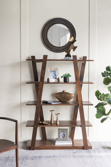 Round Black and Gold Wooden Accent Mirror with Woven Texture