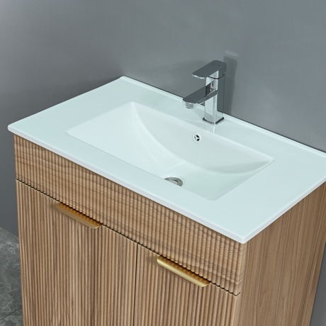 Walnut-Look Fluted Bathroom Vanity with Ceramic Sink — ceramic sink close-up