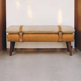 Solid Wood Boucle Tan Leather Bench | OROA