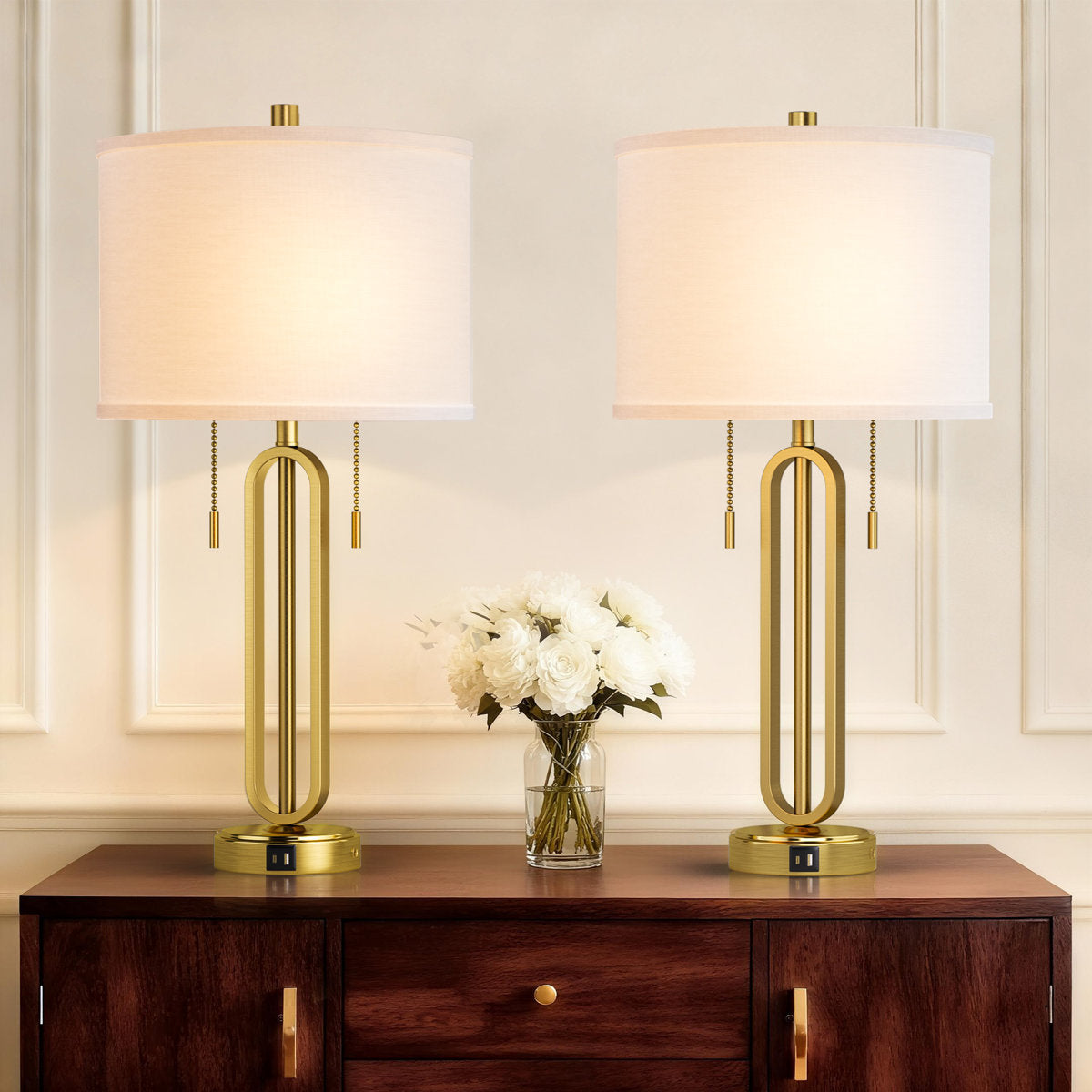 Gold Metal USB-C Pull-Chain Table Lamps — lit pair on a sideboard