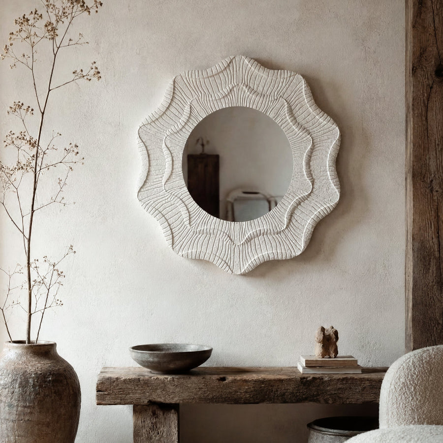 Cream White Ruffled Round Wall Mirror |