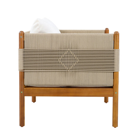 Teak, Outdoor Acacia Wood Club Chair with Diamond Rope Weave & Cushions