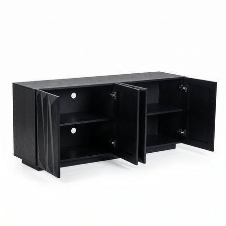 Black Geometric Four-Door Sideboard — doors open showing shelves
