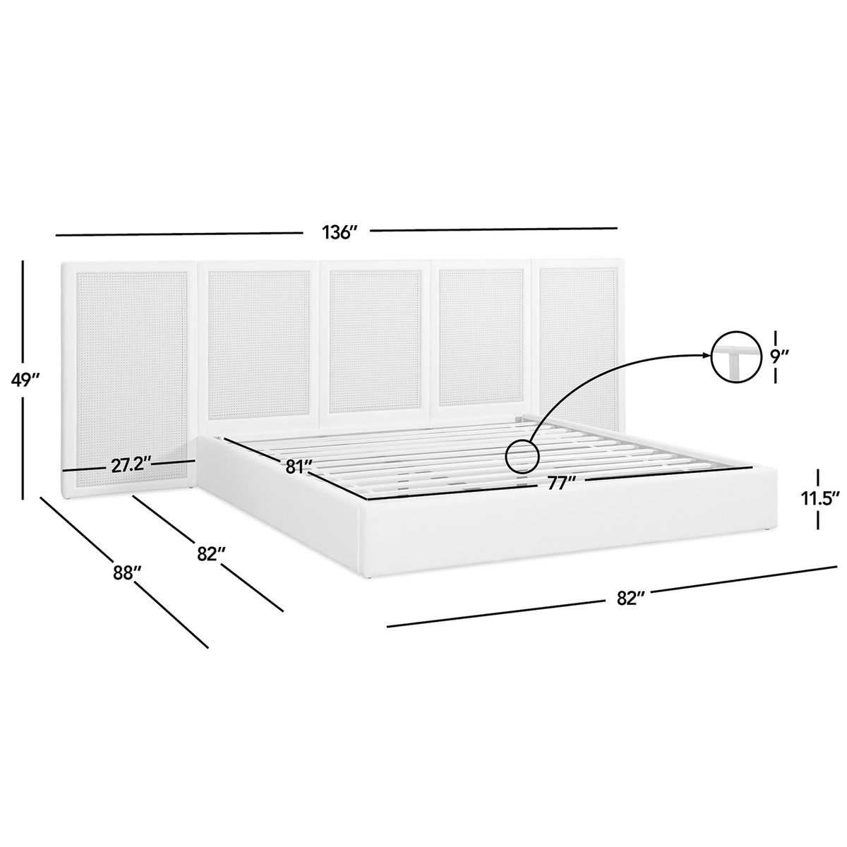 Capri Extended Headboard Cane Platform Bed, Antique White Polyester - OROA Online Furniture