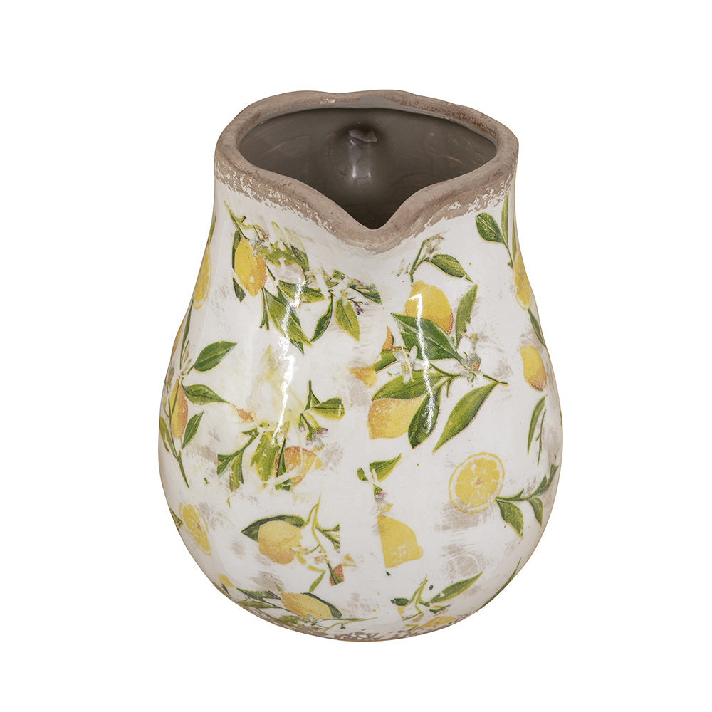 White Ceramic Pitcher Vase with Lemon Motif - OROA