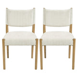 Cream Upholstered Natural Wood Dining Chairs — two chairs viewed from the front