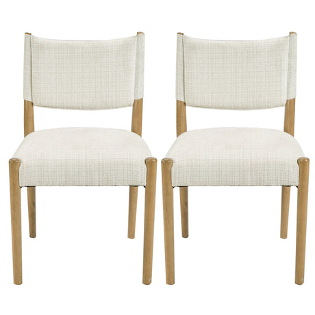 Cream Upholstered Natural Wood Dining Chairs — two chairs viewed from the front