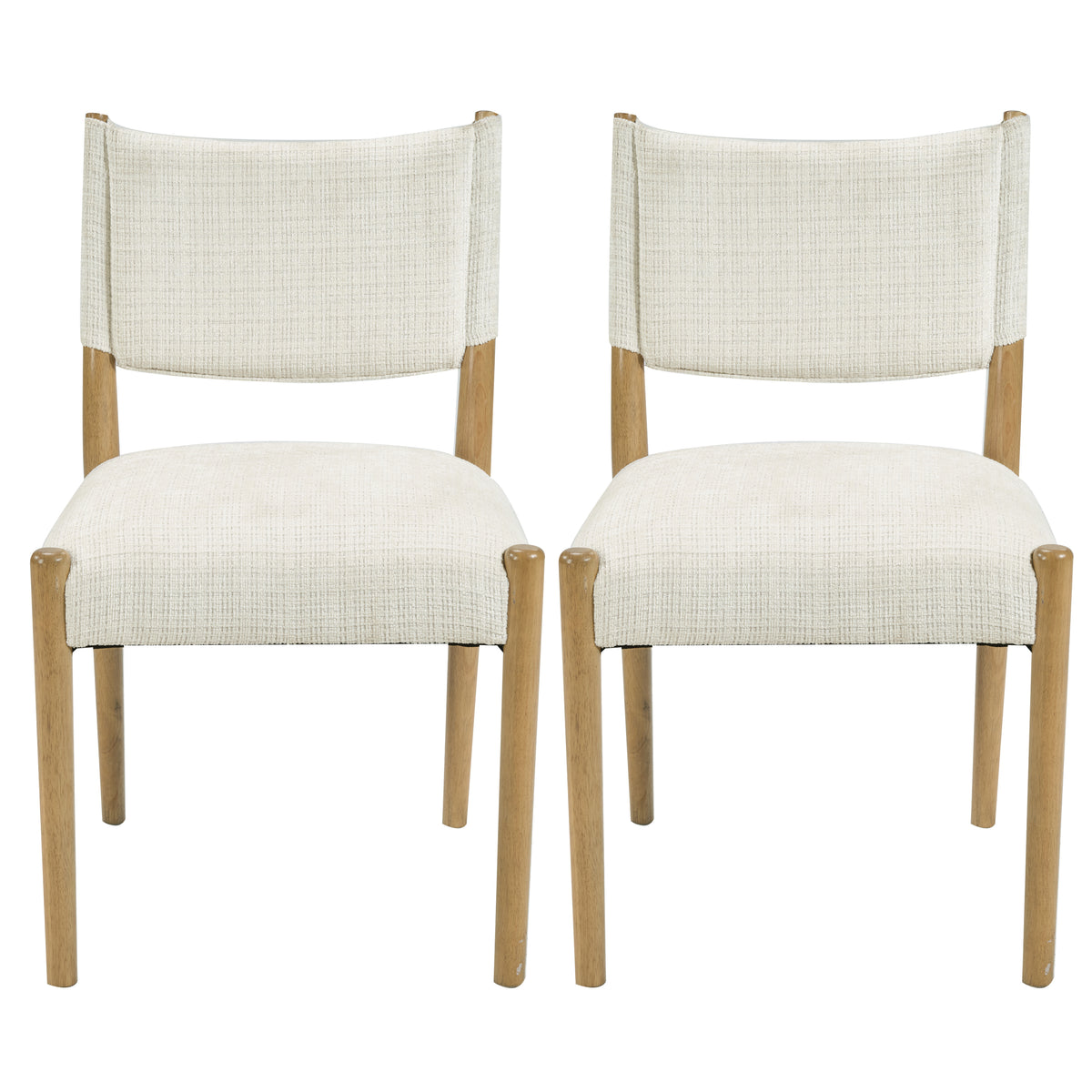 Cream Upholstered Natural Wood Dining Chairs — pair viewed from the front