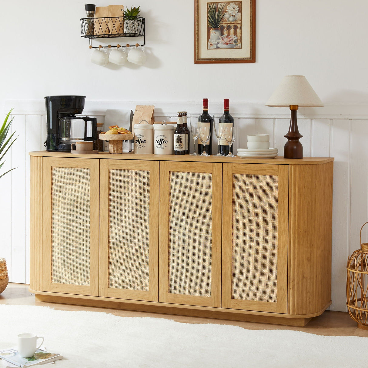 Contemporary Wave Shaped TV Stand With Rattan Doors - OROA