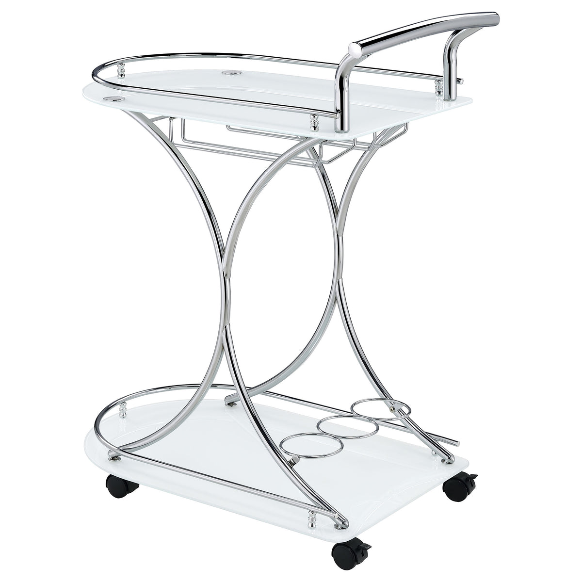 Allen 2-Tier Glass Shelf Bar Cart with Stemware and Wine Rack, White and Chrome Metal - OROA Modern Furniture