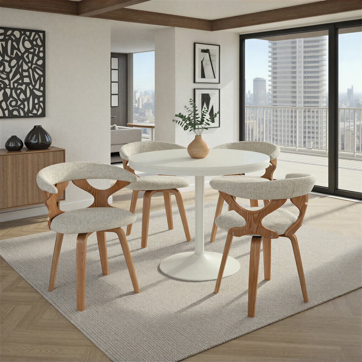 Oatmeal Fabric Swivel Dining Chair with Whitewashed Wood — around a dining table